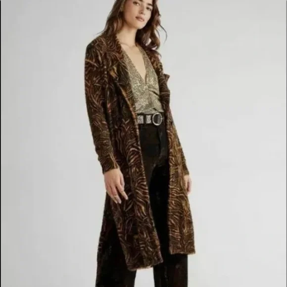 New Free People Long Animal Cardi Duster Sweater Size L - Picture 4 of 7